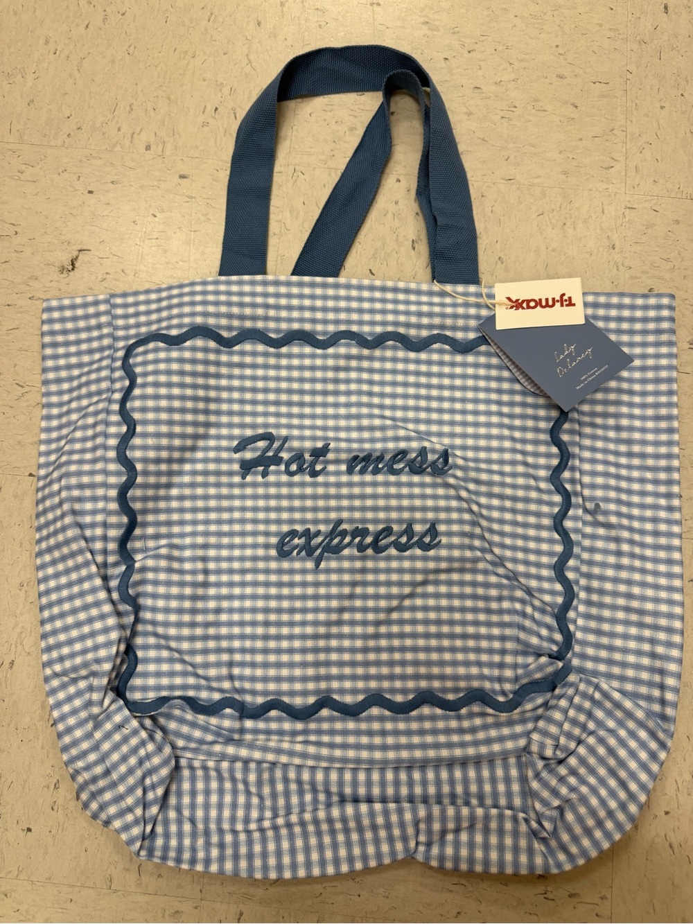 T.J.Maxx Blue and White Gingham "Hot mess express" Tote